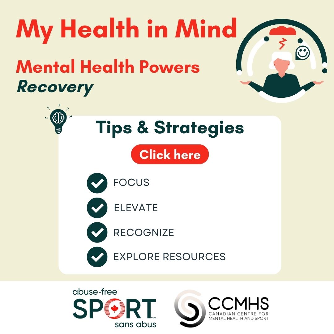 In bold text, the words 'My Health in Mind' and 'Mental Health Powers Recovery'. Below, four items are listed as Tips and Strategies: Focus, Elevate, Recognize, Explore Resources.