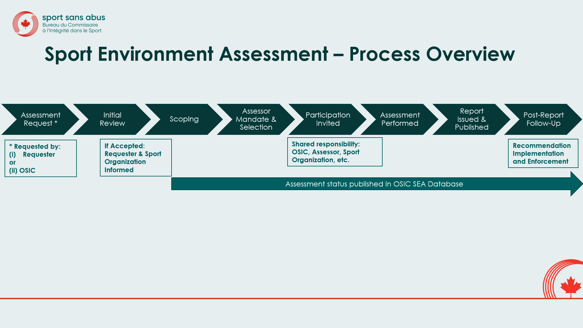 A diagram presenting the stages of a Sport Environment Assessment.